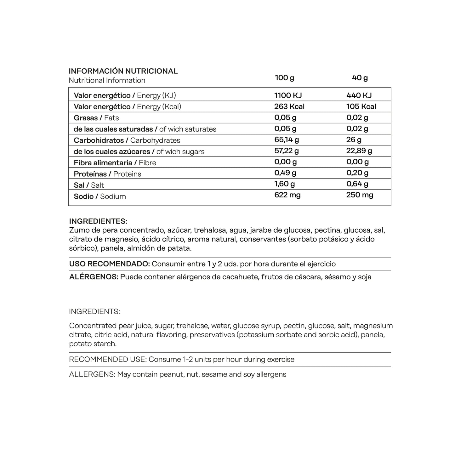 Gominola Energética 40gr Información Nutricional