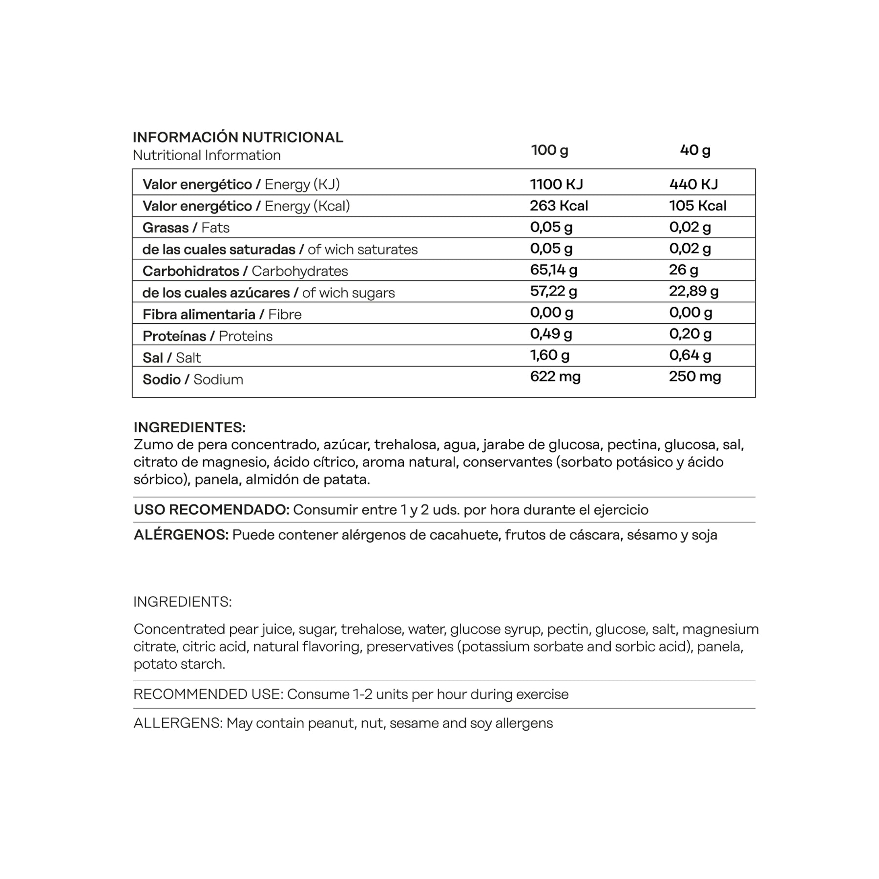 Gominola Energética 40gr Información Nutricional