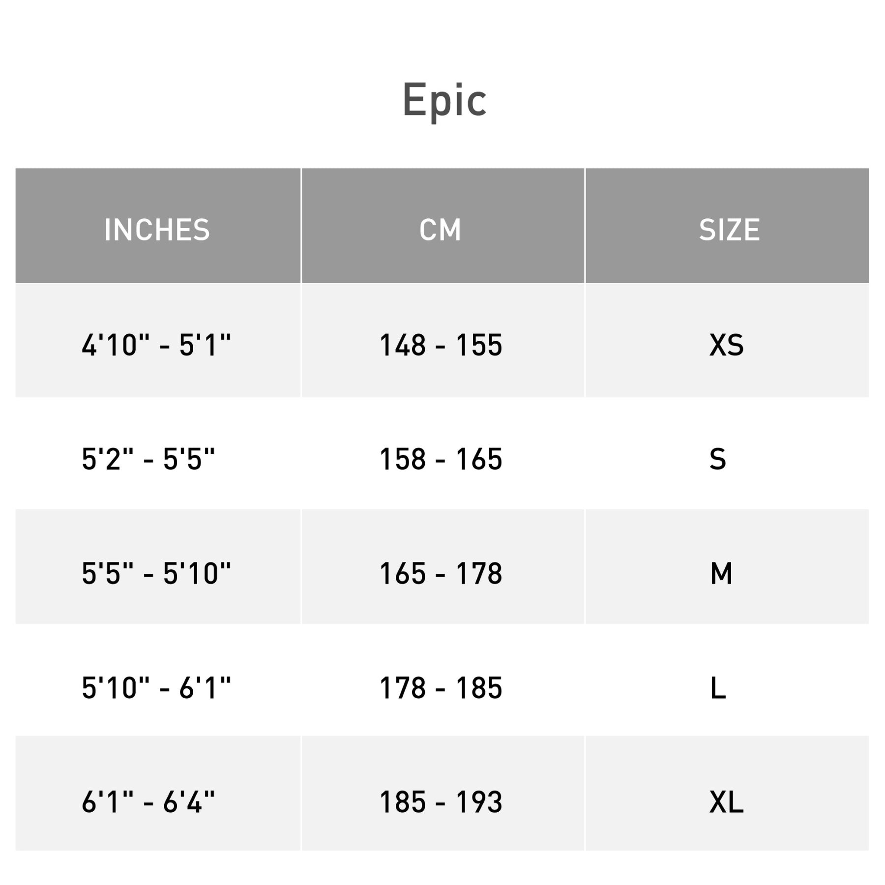 Apecialized Epic Size Chart